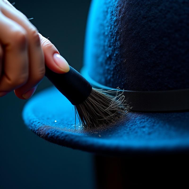 Close up demonstration of brushing a dark felt hat with a horsehair brush in a counter-clockwise motion